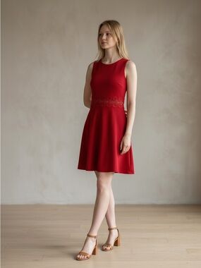 Red Sleeveless A-Line Dress with Waist Lace Detail